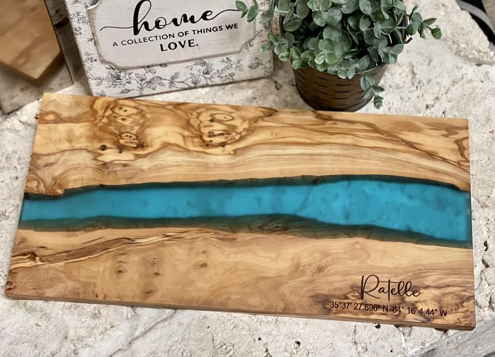 Olive wood and aqua blue resin board