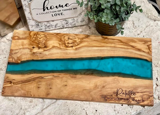 Olive wood and aqua blue resin board